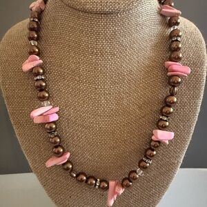 Pink Natural Gemstone Chocolate Colored Faux Pearl Necklace